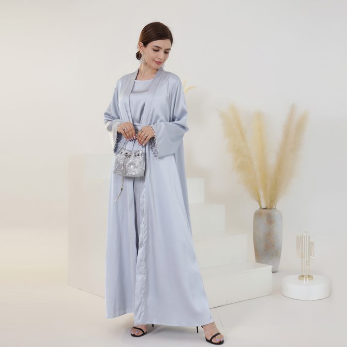 2 Piece Satin Abaya Kimono Matching Muslim Set Beading Abayas for Women Dubai Luxury Turkey Inner Dress African Islamic Clothing
