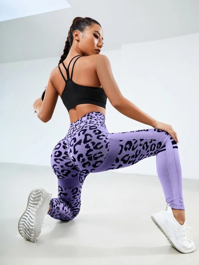 Women Leopard Seamless Yoga Pants High Waist Lifting Hip Honey Peach Hip Fitness Pants Yoga Suit Tight Running Sports Pants