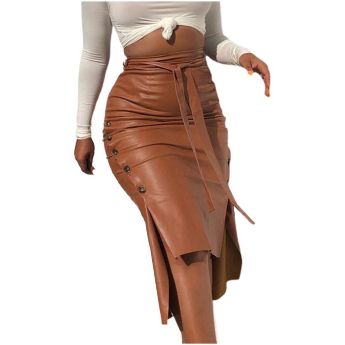 Women'S High Waist Button Trim Solid Color Slit Skinny Leather Midi Pencil Skirt Kawaii Skirts For Women Mini Skirt Y2k Style