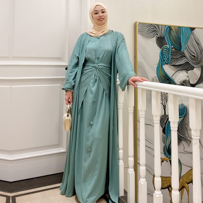 3 Piece Matching Set Ramadan Women Turkey Muslim Dress Dubai Outfit Kimono Open Abaya Maxi Dress Wrap Skirt Set Islamic Clothing