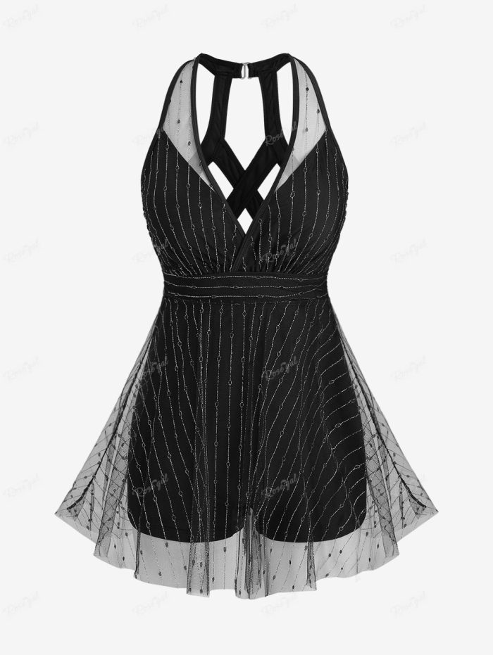 ROSEGAL Plus Size Women's One-Piece Swimsuit Black Mesh Overlay Criss-Cross Boyleg Padded Swimwear Bathing Suit