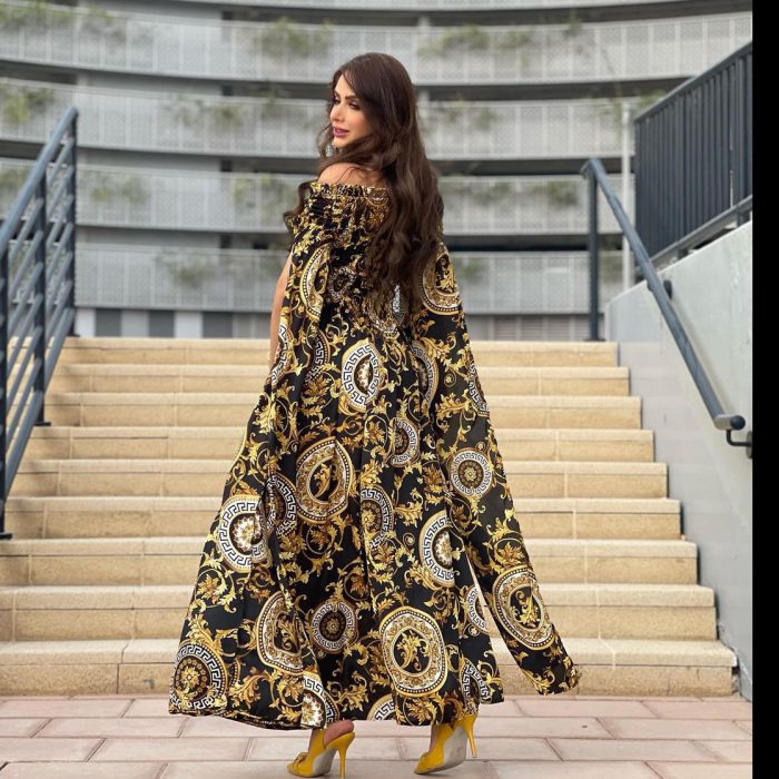 Turkey Muslim Party Dress Gold Print Abaya Dresses Women Eid High Street Luruxy Evening Dress with Cloak Robes Vestidos
