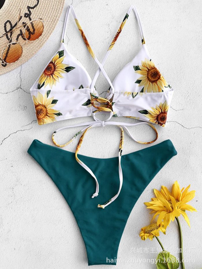 2023 New Sunflower Print Dresses Women Bikini Set Swimsuit Sexy Plus Size Swimwear Beach Bandage Bikini Mujer