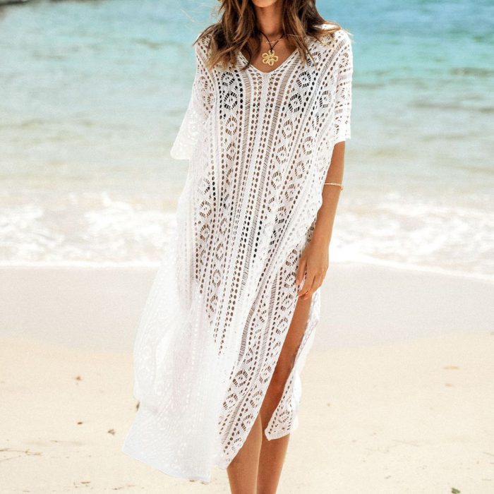 Summer Beach Coverups Fashion Cover-ups Beach Dress European Sunscreen Solid Color Side Split Hollow Out Sun Protection Clothing