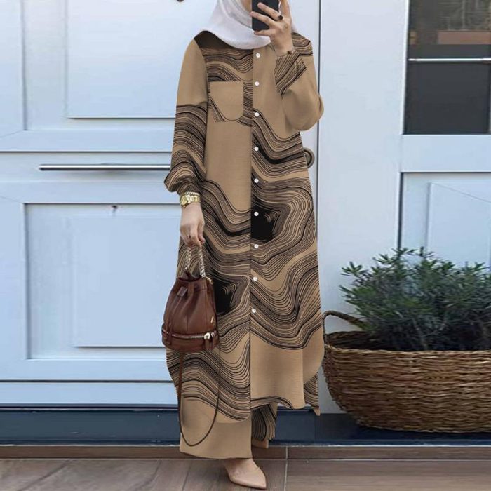 Fashion Muslim Sets 2PCS ZANZEA Eid Mubarek Abaya Suit Women Loose Pant Sets Long Sleeve Buttons Blouse Vintage Printed Suit