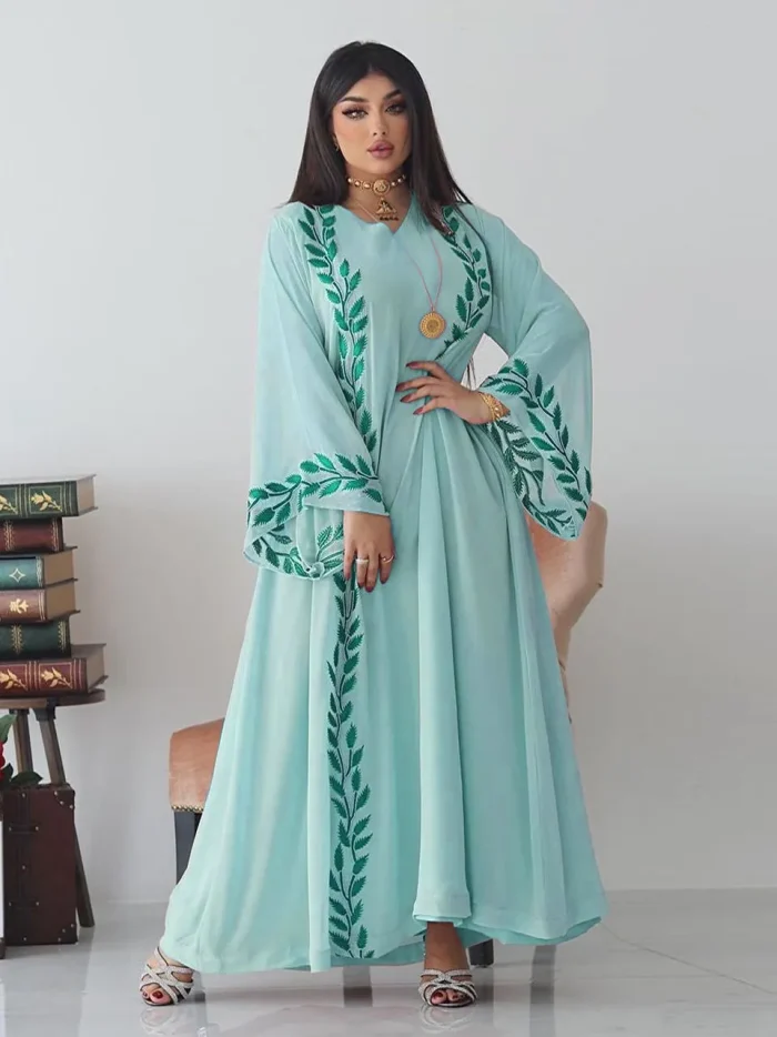 Summer Chiffon Jalabiya Leaf Embroidered Arabic Dress with Scarf Islamic Clothing Evening Party Dubai Abaya Muslim Ramadan Eid
