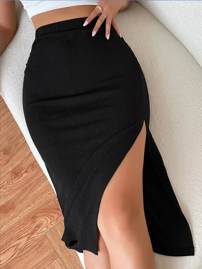 Women High Waist Solid Ribbed Knit Slit Skirt Sexy Split Thigh All Reason Cocktail Party Club Bodycon Midi Skirts Casual Goth