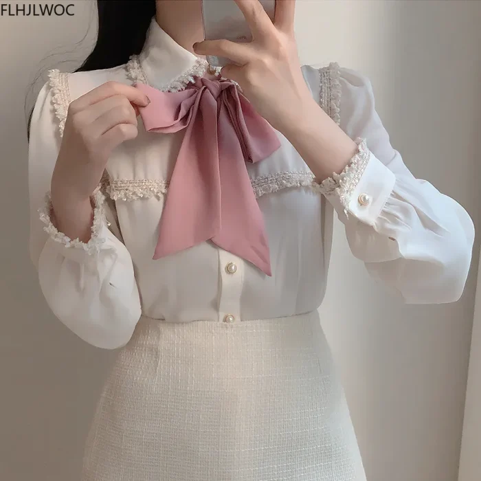2020 Autumn Women's Cute Bow Tie Tops Preppy Style Vintage Japaneses Korea Design Button Elegant Formal White Shirts Blouses