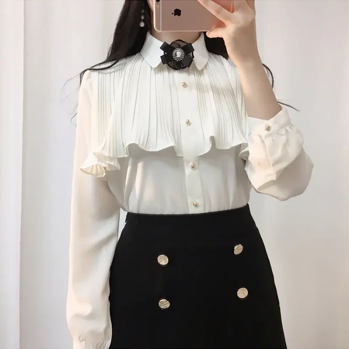 2020 Spring Women's Cute Sweet Vintage Ruffled Tops Hot Sales Button Elegant Formal Shirts Blouses White 12016