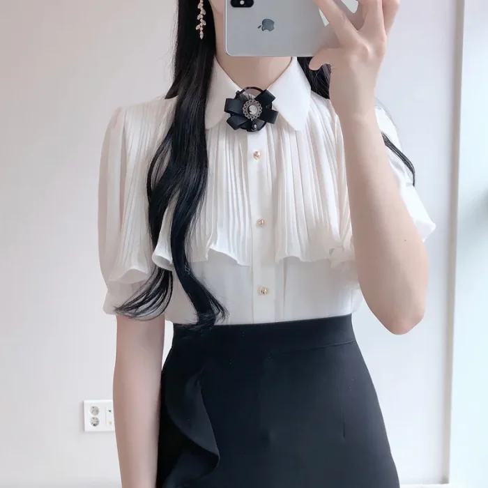 2020 Summer Women's Cute Sweet Vintage Bow Tie Ruffled Tops Hot Sales Button Elegant Formal Shirts Blouses White 4512