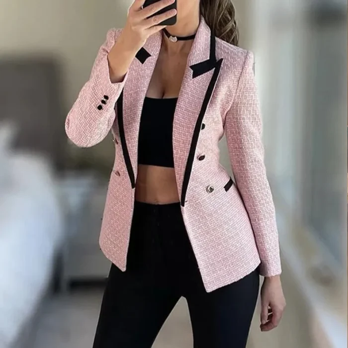 2023 Women Fashion Double Breasted Houndstooth Blazer Coat Vintage Long Sleeve Flap Pockets Female Outerwear Chic Vestes