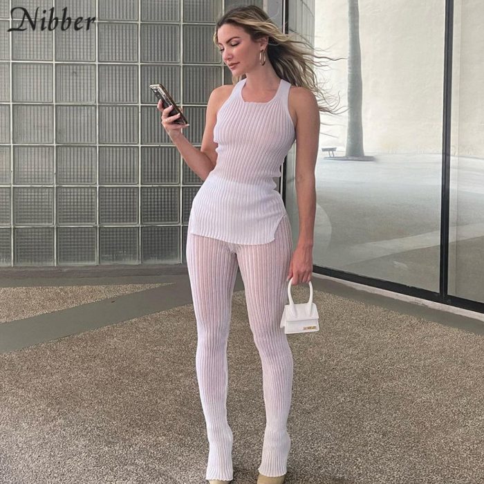 Nibber Sexy See Through Solid Knitted 2 Two Piece Set Women Casual Sleeveless Long Top And Skinny Pants 2021 Fashion Streetwear