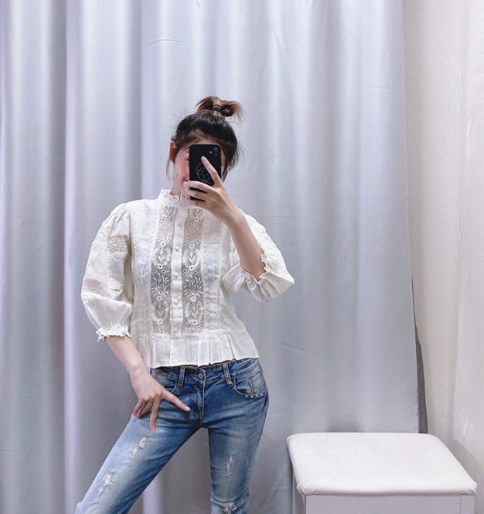 Stylish Women Blouse Embroidery Shirt Autumn 2019 New Fashion Hollow Out Lace Patchwork Striped Modern Lady Short Tops