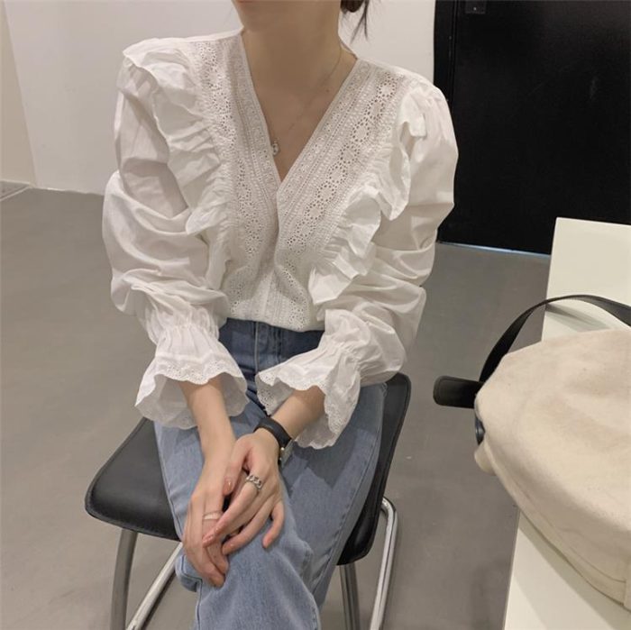 Women Blouses Shirts Spring Female Tops V-neck Ruffles Solid Elegant French Fashion Cozy High Quality Chic Ins Daily Date Office