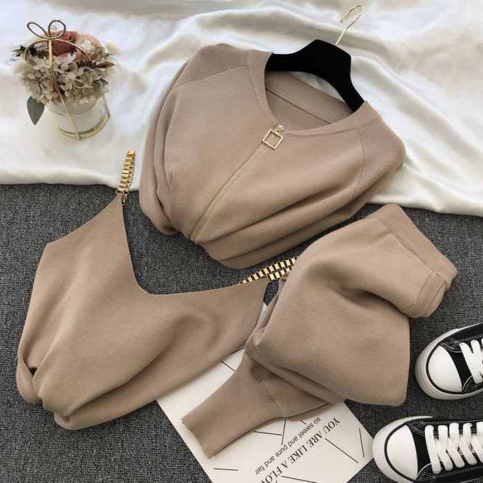 Woman Jacket Fashion Women'S Suit 2022 Autumn New Sweet Temperament Chain Vest Knitted Casual Jacket Three-Piece Elastic Pants