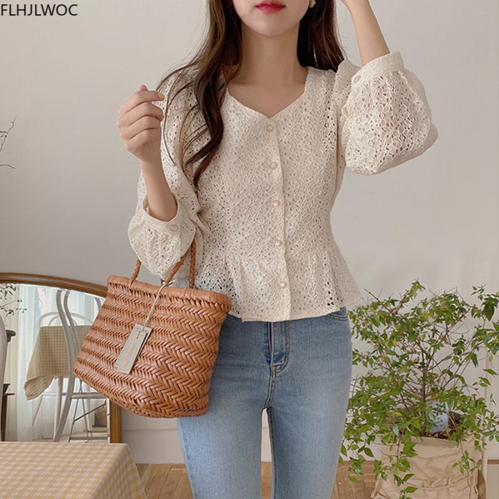 Hollow Out Crochet Lace Chic Short Crop Tops Cute Lolita Sweet Girls Peplum Lace-Up Bow Tie Blouse Single Breasted Button Shirt