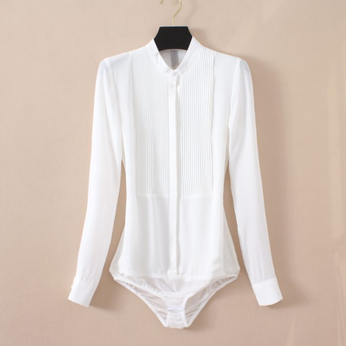 High Quality Women Chiffon Blouse Front Pleated Long Sleeve Bodysuit Office Ladies Shirts with Panties Solid Color Black Beige