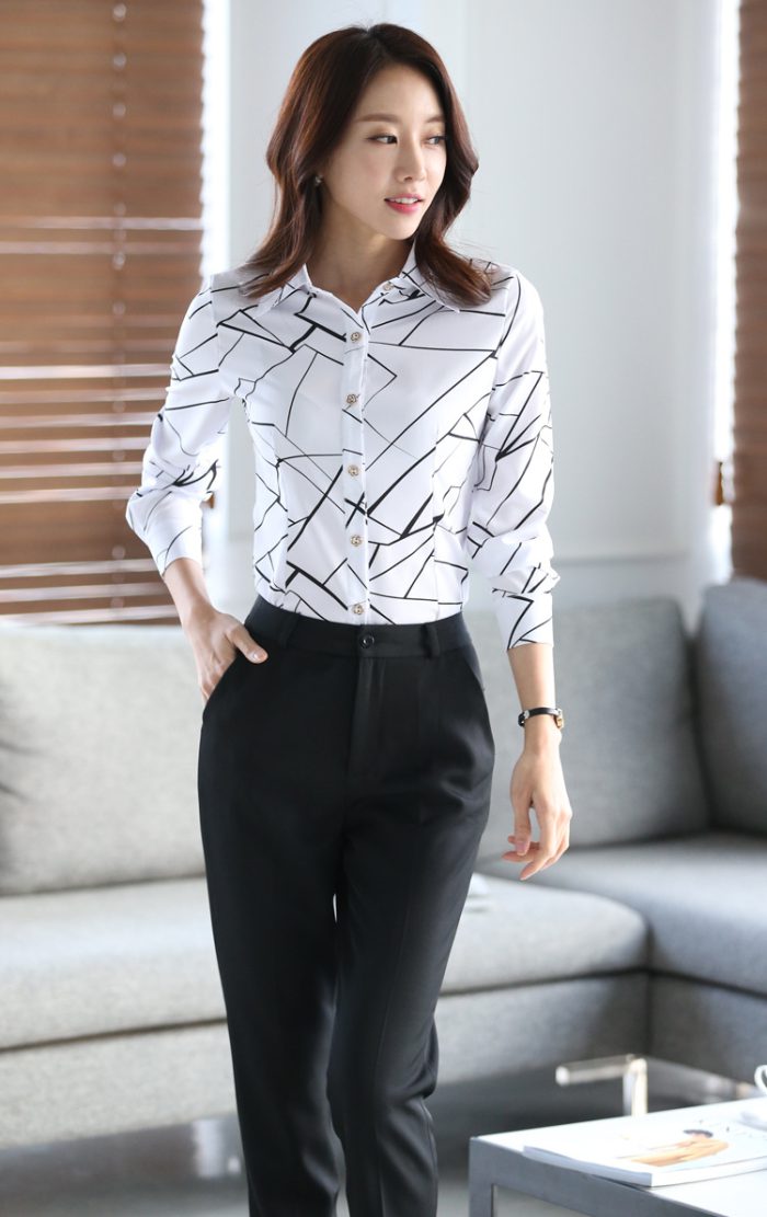 Elegant Printed Shirt Women's Spring Autumn Tops Office Korean Fashion Slim White Chiffon Blouse Long-Sleeve Shirts Blusas Mujer