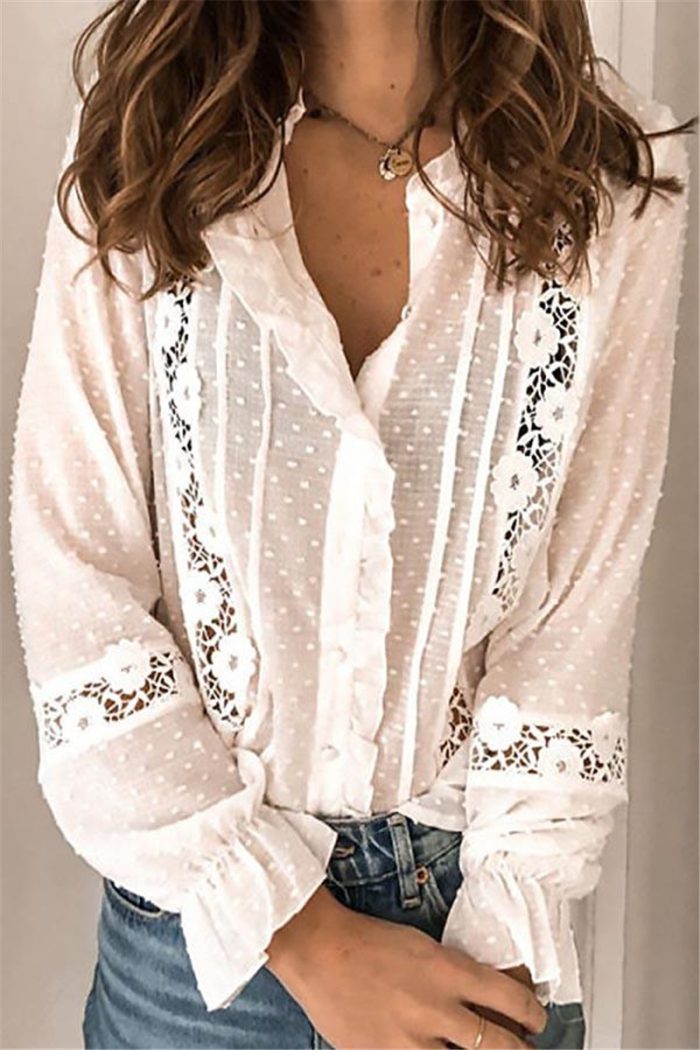 Women Fashion Lace Shirt Blouse Long sleeve Crochet Hollow out Loose Casual Tops Ruffles OL Buttons Shirt Blusas Size S-XXL