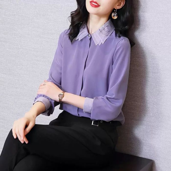 2021 Spring Summer Women Chiffon Turn-down Collar Blouses Lady Shirts Female Casual Purple Chiffon Blusas Tops