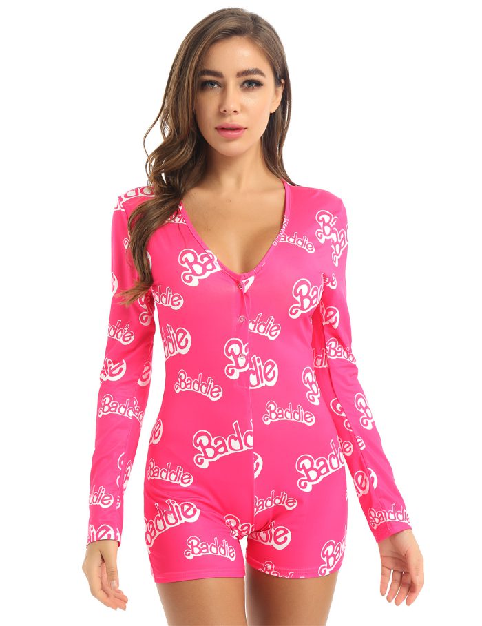 Women Yes Daddy Letter Leopard Printed Sleepwear Jumpsuit Long Sleeves Leotard Bodysuit Bodycon Short Rompers Pajamas Overalls