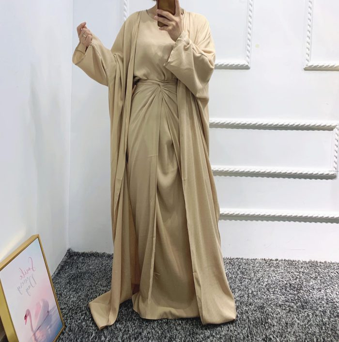 3 Piece Matching Set Women Muslim Linene Dubai Arabic Modest Outfit Plain Kimono Open Abaya Maxi Dress Wrap Front Skirt Long Eid