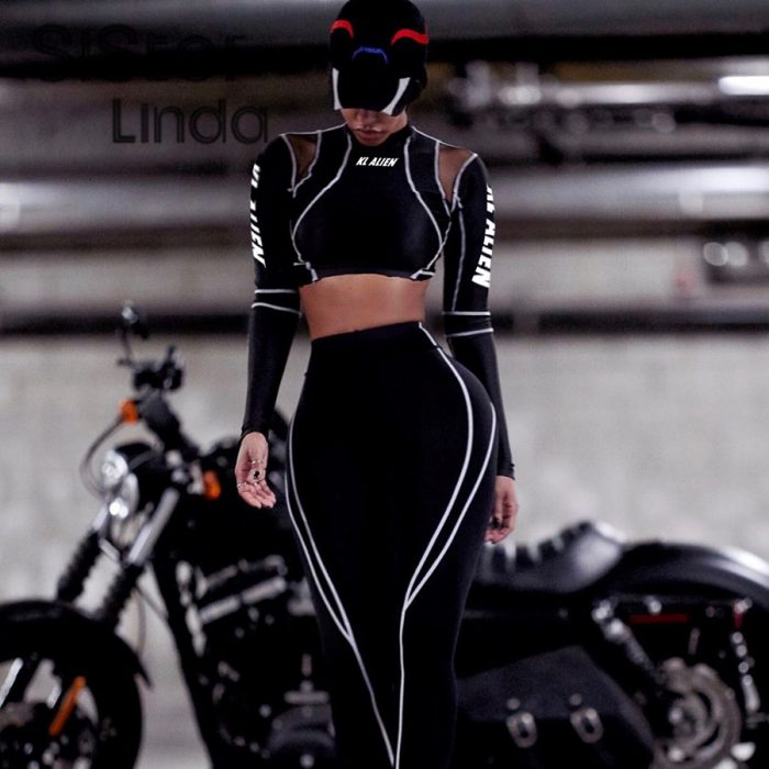 Sisterlinda Elastic Cool Matching Sets Long Sleeve Cropped Top And Pants 2 Piece Suits Women Clothing Striped Sportswear Outfits