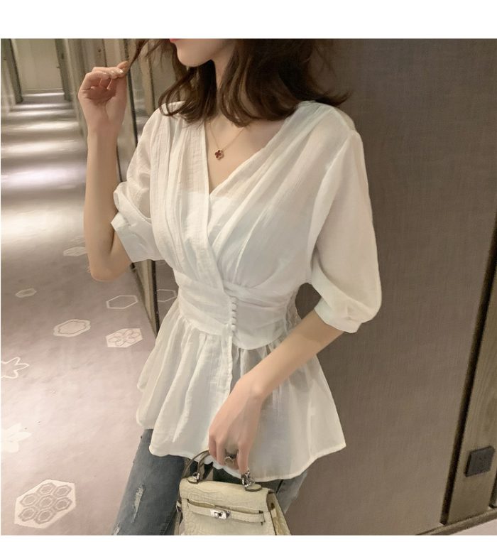 2019 Summer Women Special Design Elegant Chiffon Blouse Slim Shirt Korean Fashion Solid Casual Short Sleeve White Shirt Tops