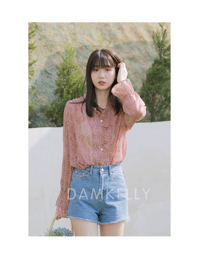 Blouses Women Chiffon Ruched Floral Single Breasted Flare Sleeve Gentle Sweet Casual Girls Korean Style Daily New Shirts Female