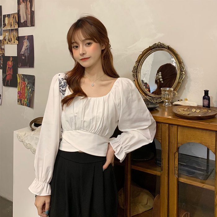 Blouses Women Cropped Spring Casual Ulzzang Solid All-match Daily Simple Square Collar Shirts College Trendy Lace-up Slim Ladies