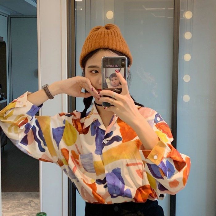 Blouses Women Retro Print Soft Ulzzang Popular Single Breasted Mujer Blusas All-match Fall Daily Vintage Chic Womens Shirts Top