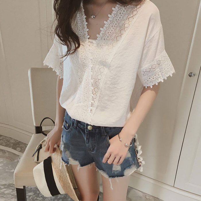 Fashion V neck Blusas Summer Sexy Women Blouses short Sleeve Lace Hollow Out Shirts White Pink Casual OL Tops Blouse