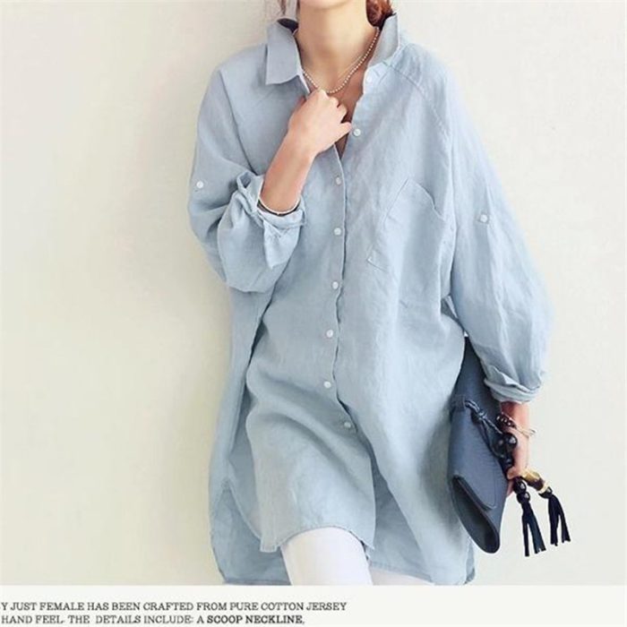 Women Loose Blouse Shirts Blusas Shirt Women's Spring Summer Long Turning Sleeve Tops and Blouses Casual Linen Plus Blue Beach