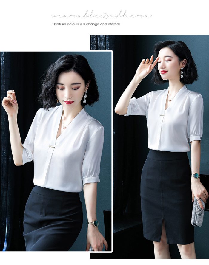 Women Silk Shirt Female Summer Short-sleeved V Collar Office Ladies Blouse Tops Pure Color Casual Fashion Work Clothes H9150