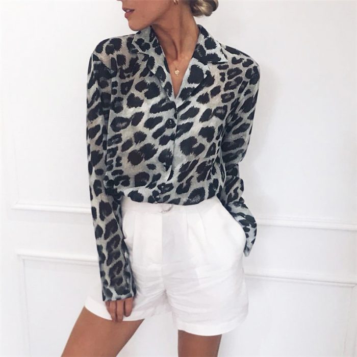 Sexy Leopard Print V neck Blouse Chiffon Blouse Long Sleeve Lady Office Shirt Casual Loose Blusas kz650