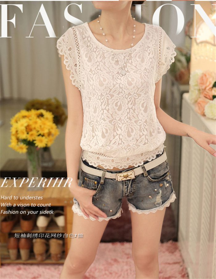 Summer Womens Blouse Shirt Short Sleeve Lace Chiffon Blouse Flare O Neck Embroidery White Shirts Female Casual Women Tops Silm