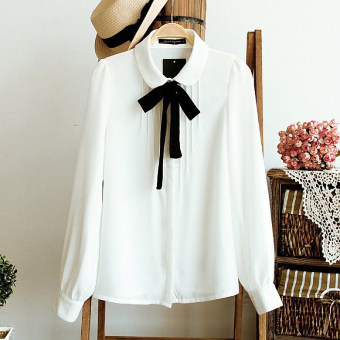 White Blouses Chiffon Peter Peter Pan Collar Casual Shirt Ladies Tops School Blouse 2 style Female Elegant Black Bow Tie