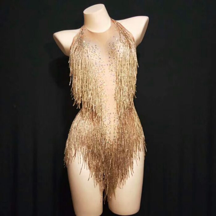 Sparkly Golden Tassel Bodysuit Women Rhinestone Outfit Glisten Beads Costume One-piece Dance Wear Singer Stage Leotard Headdress