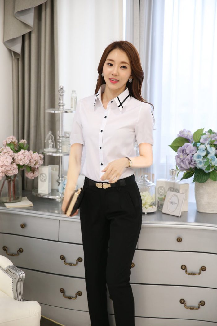 Korean Hot Summer Office Women Blouses Fashion Button Lapel Short Sleeve Shirts Work Ladies Slim White Blouses Tops Blusas Mujer