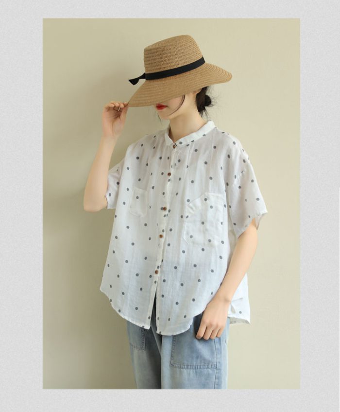 2020 Summer New Arts Style Women Short Sleeve Loose Polka Dot Shirts all-matched Casual Turn-down Collar Vintage Blouses S891