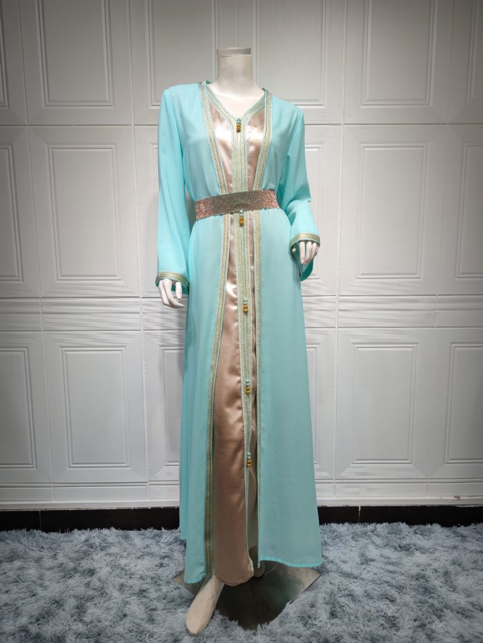 Two Pieces Abaya Set Women Vest Long Dress with Chiffon Outerwear Mubarak Eid Muslim Moroccan Caftan Arabic Oman Dubai Jalabiya