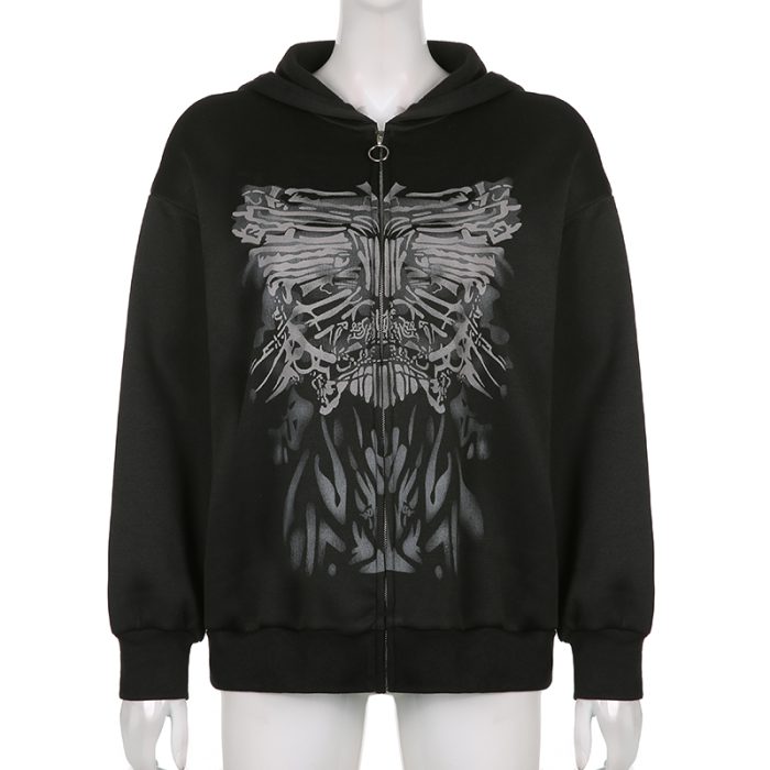 Y2K Gothic Butterfly Print Oversize Zip Up Hoodies 2021 Winter New Grunge Long Sleeve Sweatshirt Casual Hooded Jacket Streetwear