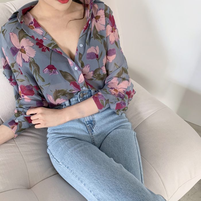 Women Turn Down Collar Long Sleeve Leaf Floral Print Shirt Chiffon Office Blouse Women's Clothing блузка женская ropa mujer 2020