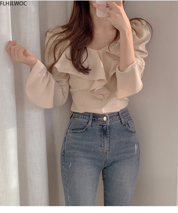 Ruffled Tops And Blouses Autumn Fall Basic Wear Flare Sleeve Chic Korean Fashion Shirts Black Off Shoulder Women Top Blusas