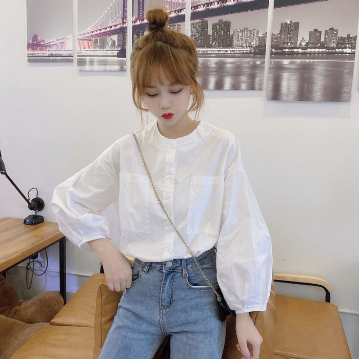 Women Shirts Autumn New O-neck Lantern Sleeve Single Breasted Korean Style Girls Sweet Leisure Simple Clothing Tops Blouses Chic