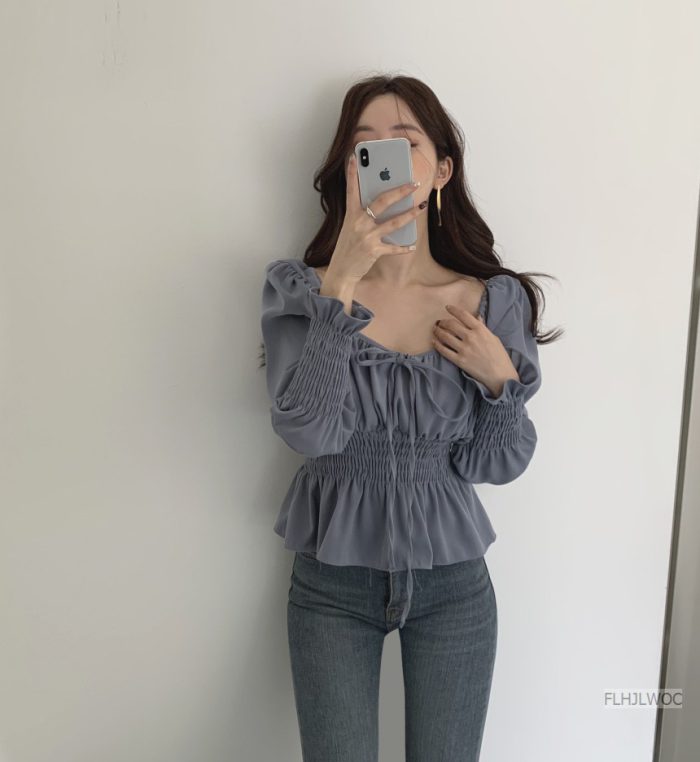Chic Korea Off Shoulder Tops Blusas Women 2021 Spring Solid Color Bow Tie Slim Waist A Line Belly Peplum Short Shirts Blouses
