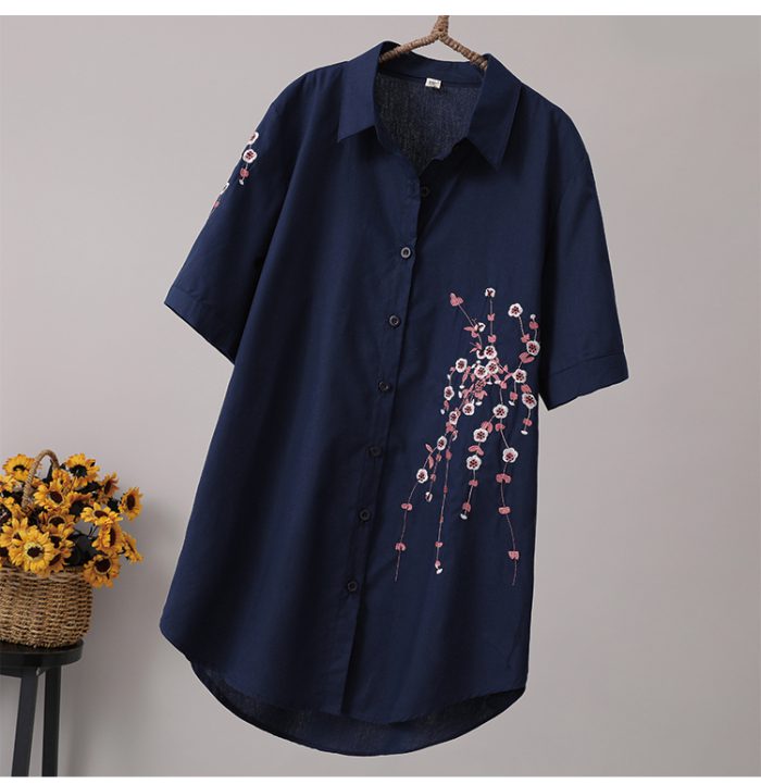 Long Vintage Women 2021 Spring Summer New 100% Cotton Loose Flower Embroidery Short-sleeved Ethnic Chic Blouse Shirts Tops