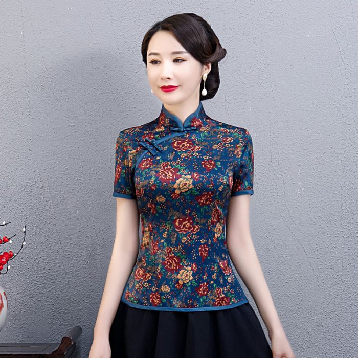 Oversize Chinese Style Women Shirt M-5XL Vintage Cheongsam Blouse Lady Clothing Summer Qipao Dress Mandarin Collar Gown Vestido