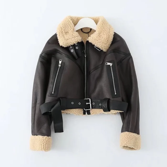Ailegogo Winter Women Streetwear Faux Lamb Leather Fur Short Jacket with Belt Moto Biker Thick Warm Sheepskin Coat Outwear