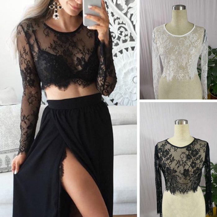 Goth Sexy Lace Tops Gothic Women Black Hollow Out Short Tops Summer Long Sleeve Party Nighclub Transparent Tops